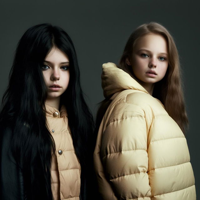 A teenage girl with loose black hair styled like a wolf's, wearing a long black jacket, alongside her friend who has shoulder-length, undyed hair and is wearing a cream-colored puffy jacket