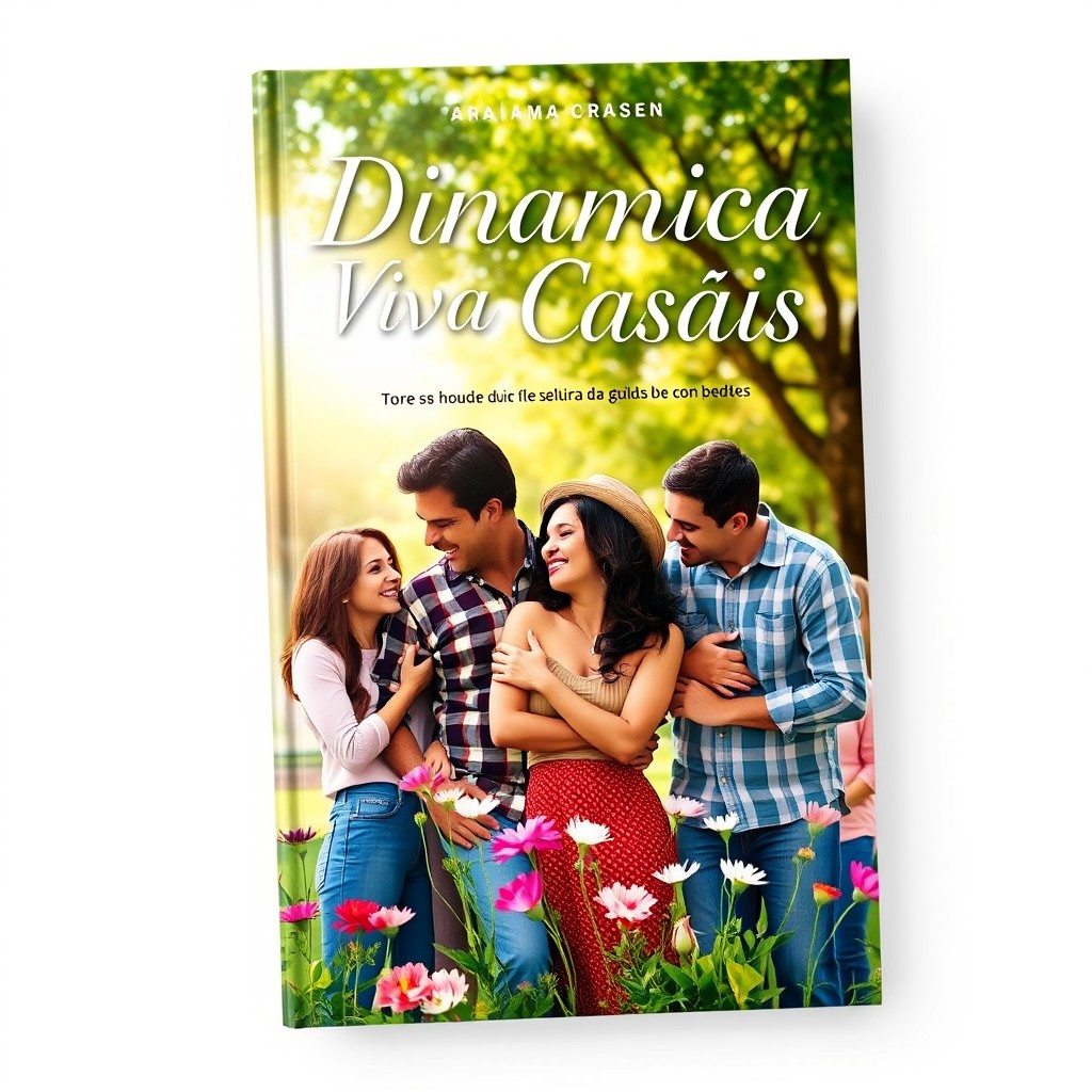 A captivating book cover design for 'Dinamica Viva Casais', featuring a vibrant and harmonious composition of diverse couples joyfully interacting in nature