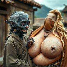 In a medieval village, a tiny elderly goblin woman, an African with completely black skin and a malnourished body