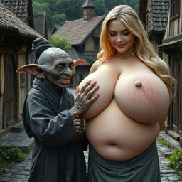 In a medieval village setting, an elderly goblin woman, very small and undernourished with deep black skin and crooked teeth, displays her elf-like ears while dressed in a long, fully-closed Buddhist robe