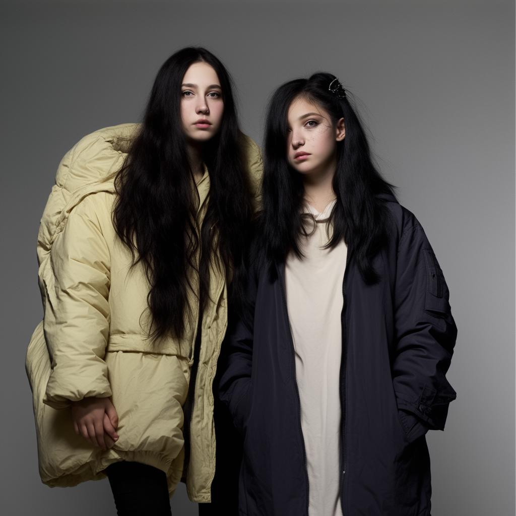 A teenage girl with loose black hair styled like a wolf's, wearing a long black jacket, alongside her friend who has shoulder-length, undyed hair and is wearing a cream-colored puffy jacket