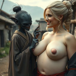 In a medieval village, a very small and emaciated Goblin woman, with deep black African skin, sharp and rotten teeth, and pointed ears, is dressed in a long, completely closed Buddhist robe