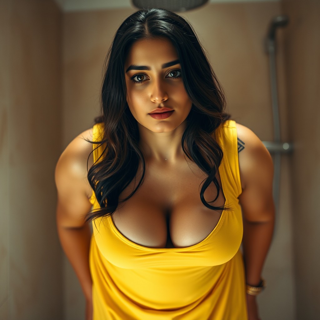 A captivating image of a 20-year-old very fair voluptuous woman with a curvy, soft physique, wearing a traditional tight-fitting sleeveless yellow square neck shalwar kameez