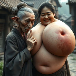 In a medieval Chinese village, an elderly goblin-like woman is depicted as very small, Chinese, and emaciated