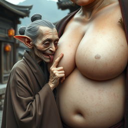 In a medieval Chinese village, an elderly goblin-like woman is depicted as very small, Chinese, and emaciated