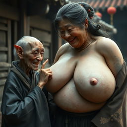 In a medieval Chinese village, an elderly goblin-like woman is depicted as very small, Chinese, and emaciated