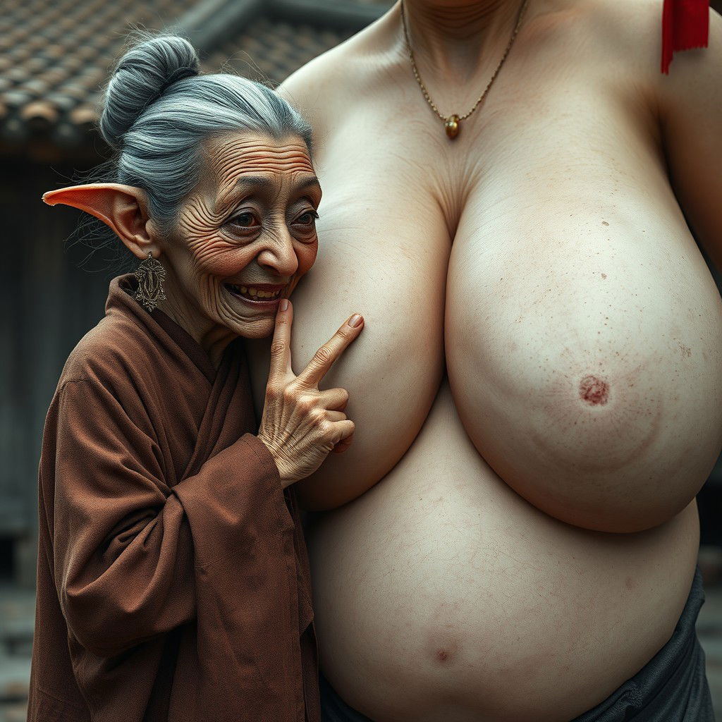 In a medieval Chinese village, an elderly goblin-like woman is depicted as very small, Chinese, and emaciated