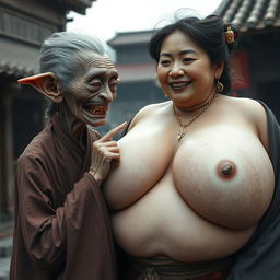 In a medieval Chinese village, an elderly goblin-like woman is depicted as very small, Chinese, and emaciated