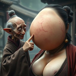 In a medieval Chinese village, an elderly goblin-like woman is depicted as very small, Chinese, and emaciated