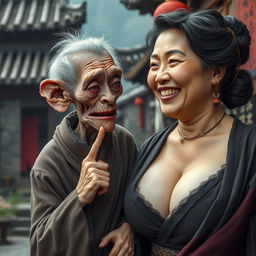 In a medieval Chinese village, an elderly, very small goblin woman, representing a low stature and malnourished appearance, has decayed teeth and is dressed in a long, fully closed Buddhist robe