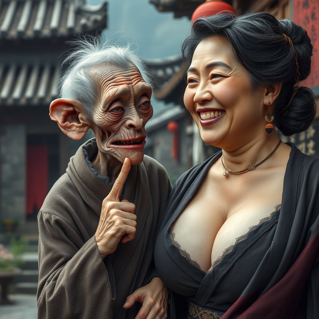 In a medieval Chinese village, an elderly, very small goblin woman, representing a low stature and malnourished appearance, has decayed teeth and is dressed in a long, fully closed Buddhist robe