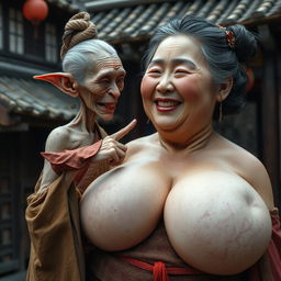 In a medieval Chinese village, an elderly, very small goblin woman, representing a low stature and malnourished appearance, has decayed teeth and is dressed in a long, fully closed Buddhist robe