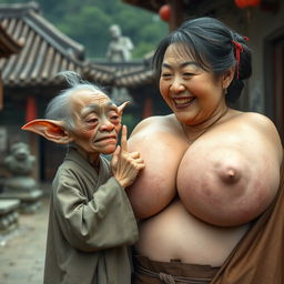 In a medieval Chinese village, an elderly, very small goblin woman, representing a low stature and malnourished appearance, has decayed teeth and is dressed in a long, fully closed Buddhist robe