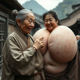 In a medieval Chinese village, an elderly, very small Chinese woman, appearing malnourished with decayed teeth, is dressed in a long, fully closed Buddhist robe