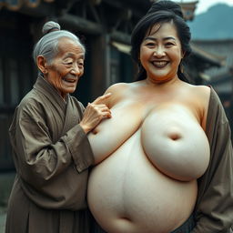 In a medieval Chinese village, an elderly, very small Chinese woman, appearing malnourished with decayed teeth, is dressed in a long, fully closed Buddhist robe