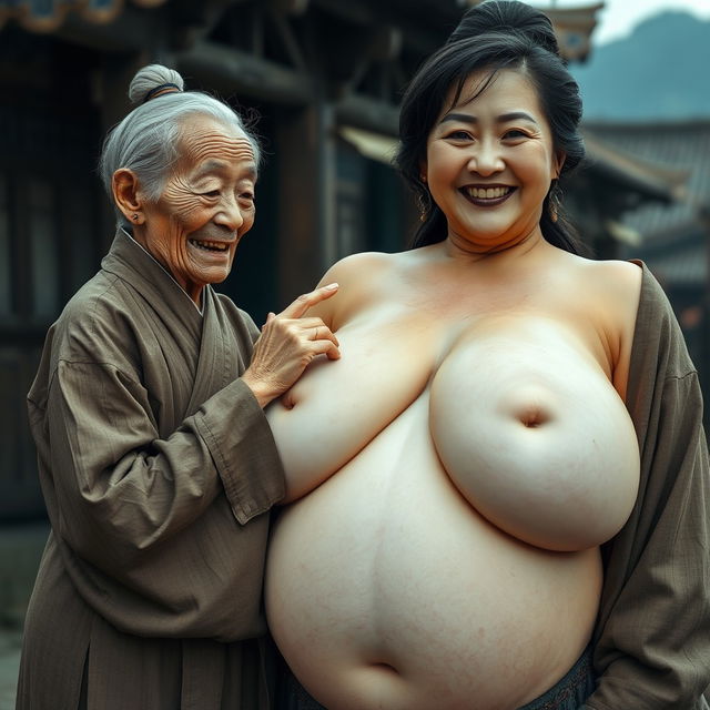 In a medieval Chinese village, an elderly, very small Chinese woman, appearing malnourished with decayed teeth, is dressed in a long, fully closed Buddhist robe