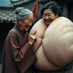 In a medieval Chinese village, an elderly woman of small stature, low in body weight with decayed teeth, wears a long, closed Buddhist robe