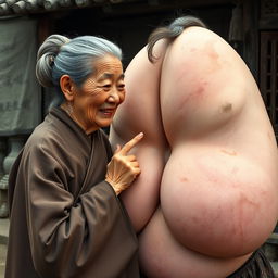 In a medieval Chinese village, an elderly woman of small stature, low in body weight with decayed teeth, wears a long, closed Buddhist robe