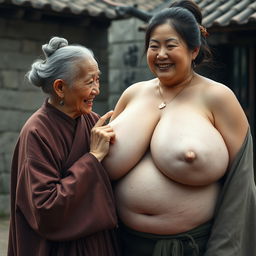 In a medieval Chinese village, an elderly woman of small stature, low in body weight with decayed teeth, wears a long, closed Buddhist robe