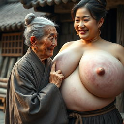 In a medieval Chinese village, an elderly woman of small stature, low in body weight with decayed teeth, wears a long, closed Buddhist robe