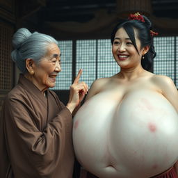 In a medieval Chinese room, there is an elderly woman of small stature, low in body weight with decayed teeth, dressed in a long, closed Buddhist robe