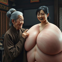 In a medieval Chinese room, there is an elderly woman of small stature, low in body weight with decayed teeth, dressed in a long, closed Buddhist robe