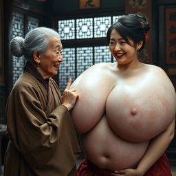 In a medieval Chinese room, there is an elderly woman of small stature, low in body weight with decayed teeth, dressed in a long, closed Buddhist robe