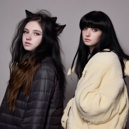 A teenage girl with loose black hair styled like a wolf's, wearing a long black jacket, alongside her friend who has shoulder-length, undyed hair and is wearing a cream-colored puffy jacket