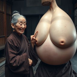 In a medieval Chinese room, there is a very small, malnourished elderly woman with decayed teeth dressed in a long, closed Buddhist robe