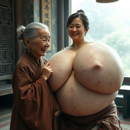 In a medieval Chinese room, there is a very small, malnourished elderly woman with decayed teeth dressed in a long, closed Buddhist robe