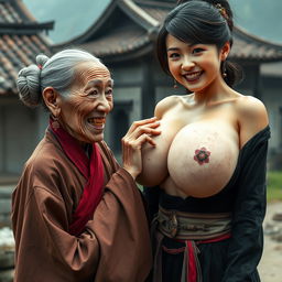 In a medieval Chinese village, an elderly, very small and malnourished Chinese woman with rotten teeth is wearing a long, closed Buddhist robe, her hair styled in a gray bun adorned with medieval earrings