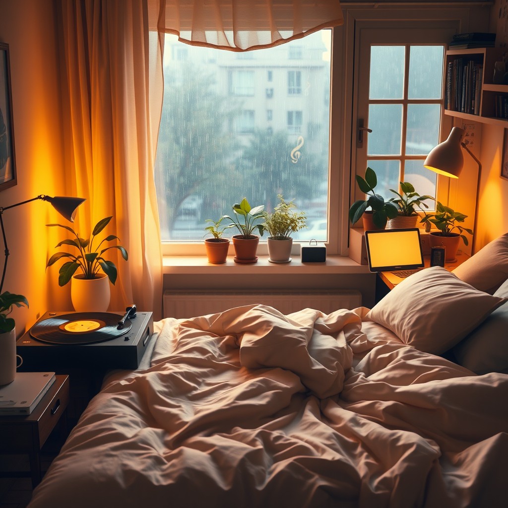 A tranquil lofi scene depicting a cozy bedroom with warm lighting, a comfortable bed adorned with fluffy pillows and soft blankets, a vinyl record player softly spinning, the window slightly open allowing gentle breezes to flow in, a desk with a laptop glowing softly, plants thriving on windowsills, warm hues of yellow and orange creating a relaxing atmosphere, jazz music notes subtly floating in the air, and a calming rain outside as a backdrop