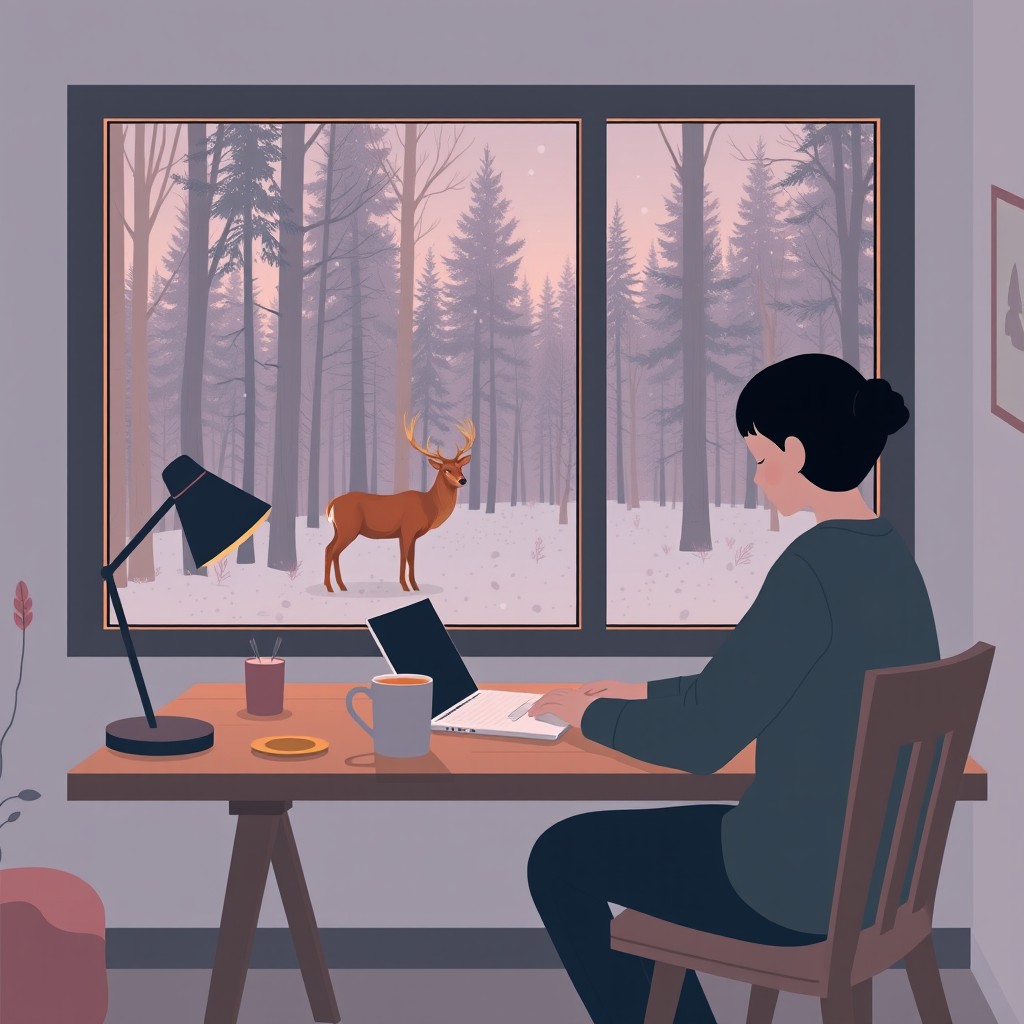 A cozy minimalist Scandinavian study scene at dusk, featuring a person with simple features sitting at a wooden desk, focused on a laptop