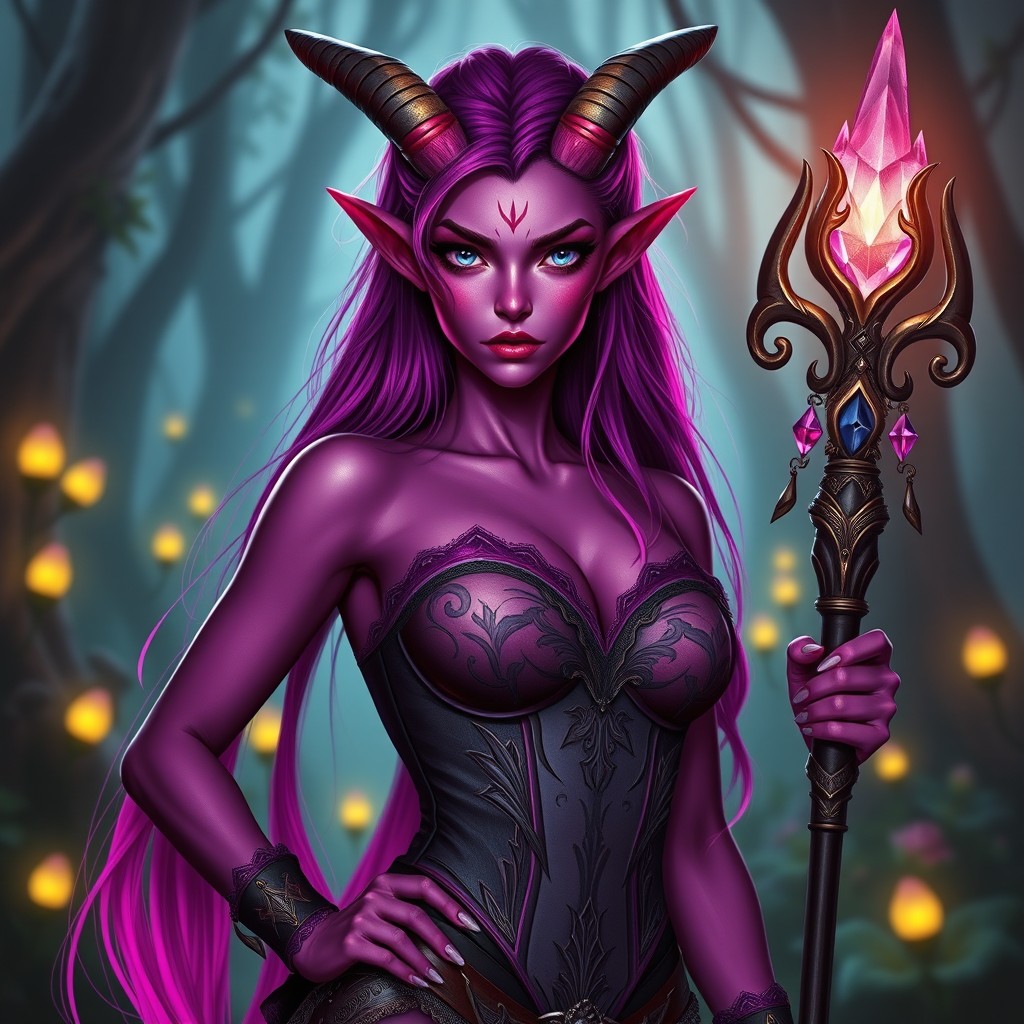 A striking magenta tiefling woman standing confidently, with vibrant magenta skin and elegant, curved horns protruding from her forehead