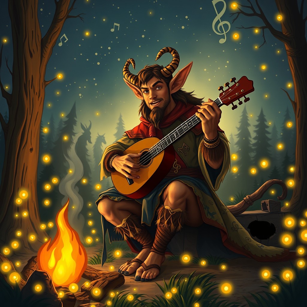 A charismatic satyr bard character in a fantasy setting, playing a lute and singing around a campfire, the forest surrounding him alive with glowing fireflies