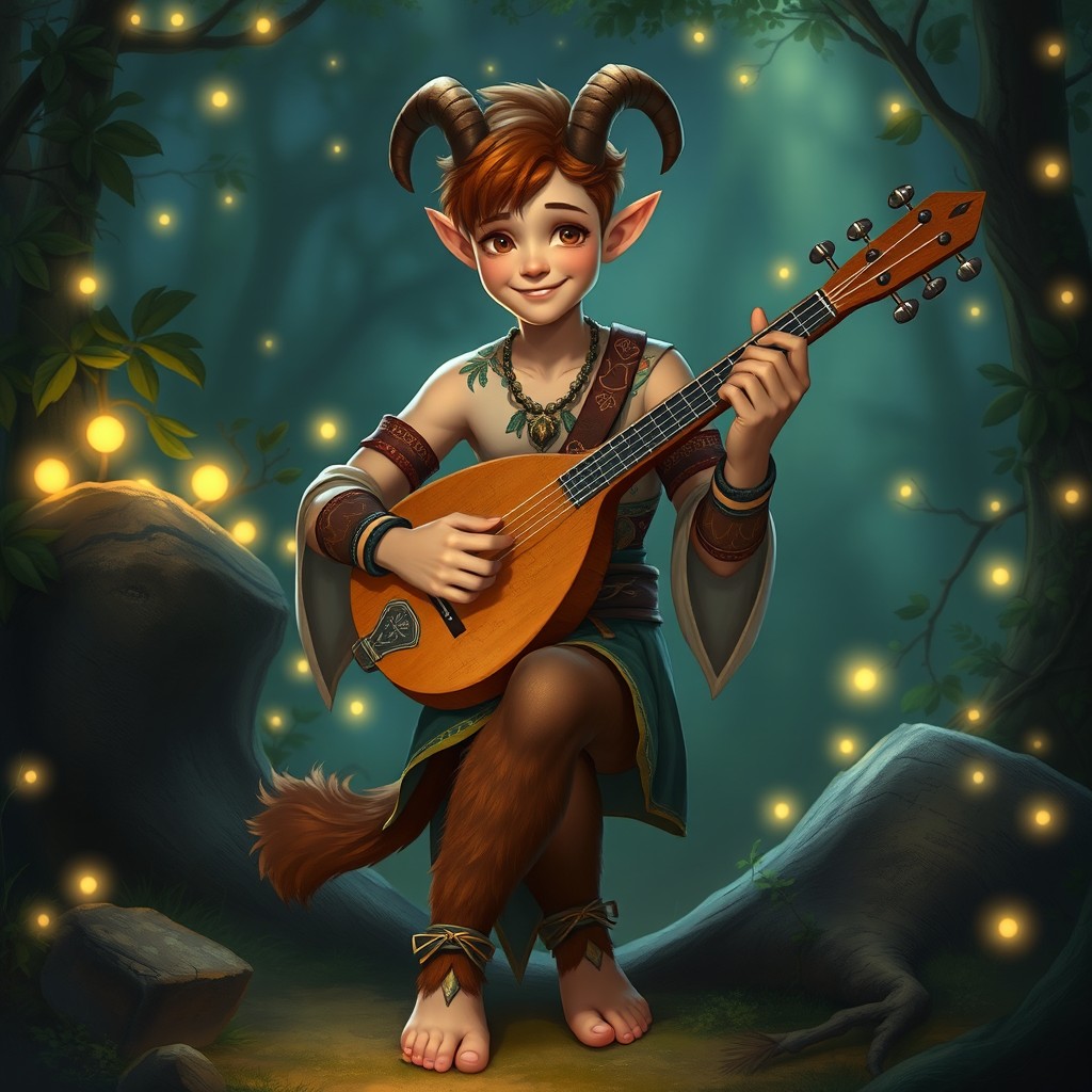 A beautiful satyr bard character in a fantasy setting, playing a lute with a charming smile
