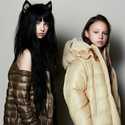 A teenage girl with loose black hair styled like a wolf's, wearing a long black jacket, alongside her friend who has shoulder-length, undyed hair and is wearing a cream-colored puffy jacket