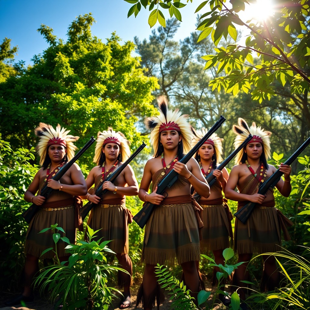 A powerful scene depicting a group of armed Seminole Indians in their traditional attire, standing confidently amidst a lush and vibrant natural landscape