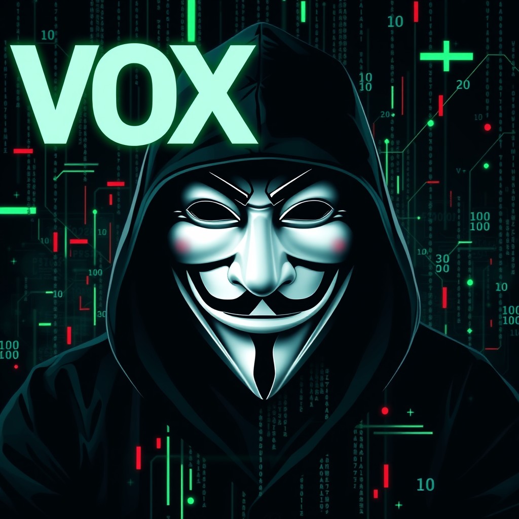 A striking and powerful design featuring the VOX symbol and a hacker symbol prominently displayed