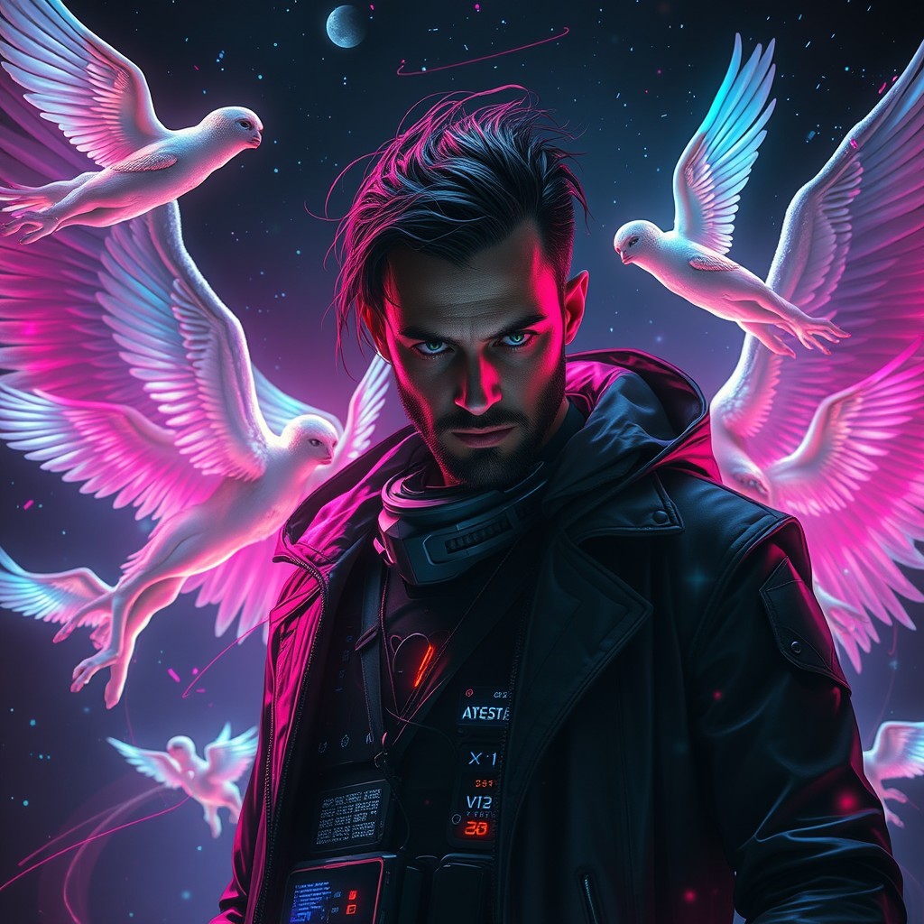 A dramatic scene featuring a powerful figure named Vox Erasyn, depicted as a futuristic hacker with an intense gaze, illuminated by neon lights
