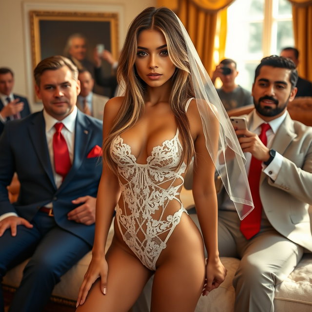 In the opulent setting of the Oval Office, an enchanting 18-year-old Arabic woman stands out with her captivating features, including a slender form, petite breasts, a tiny waist, and wide hips