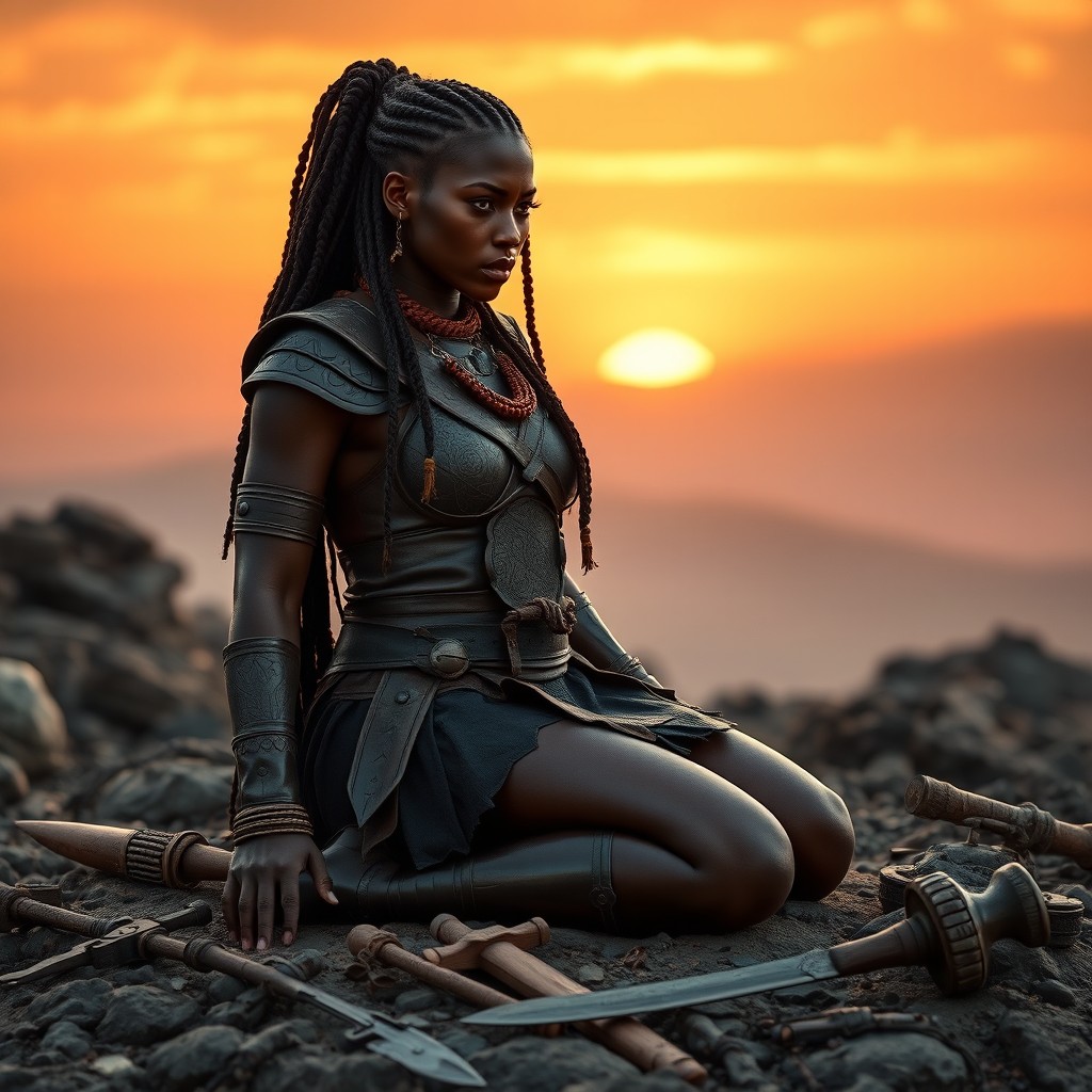 A black warrior woman kneeling on a rocky terrain, exuding strength and resilience