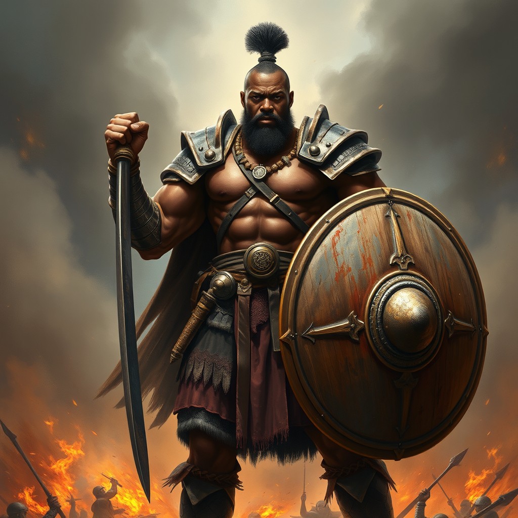 A powerful black man depicted as a fierce warrior, standing tall and proud