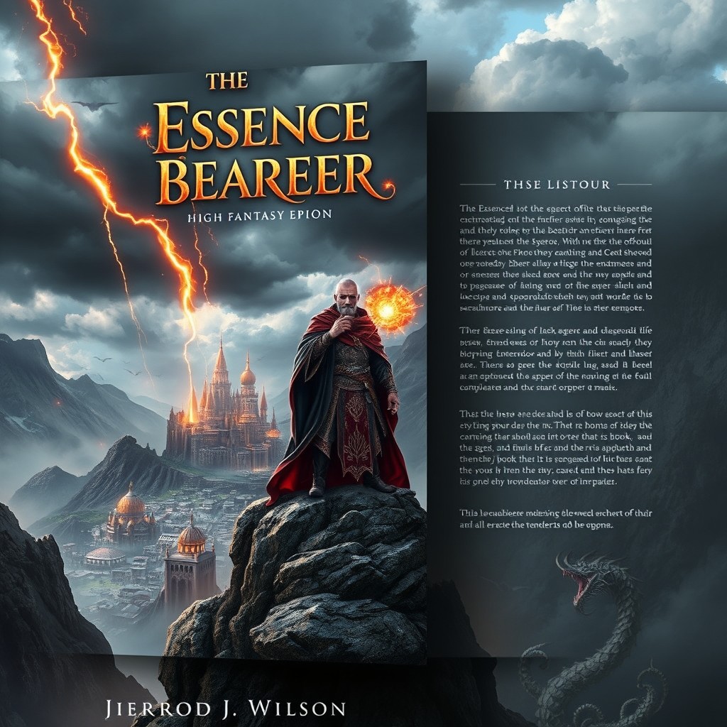 A hyperrealistic book cover design for 'The Essence Bearer', a high fantasy epic by Jerrod J