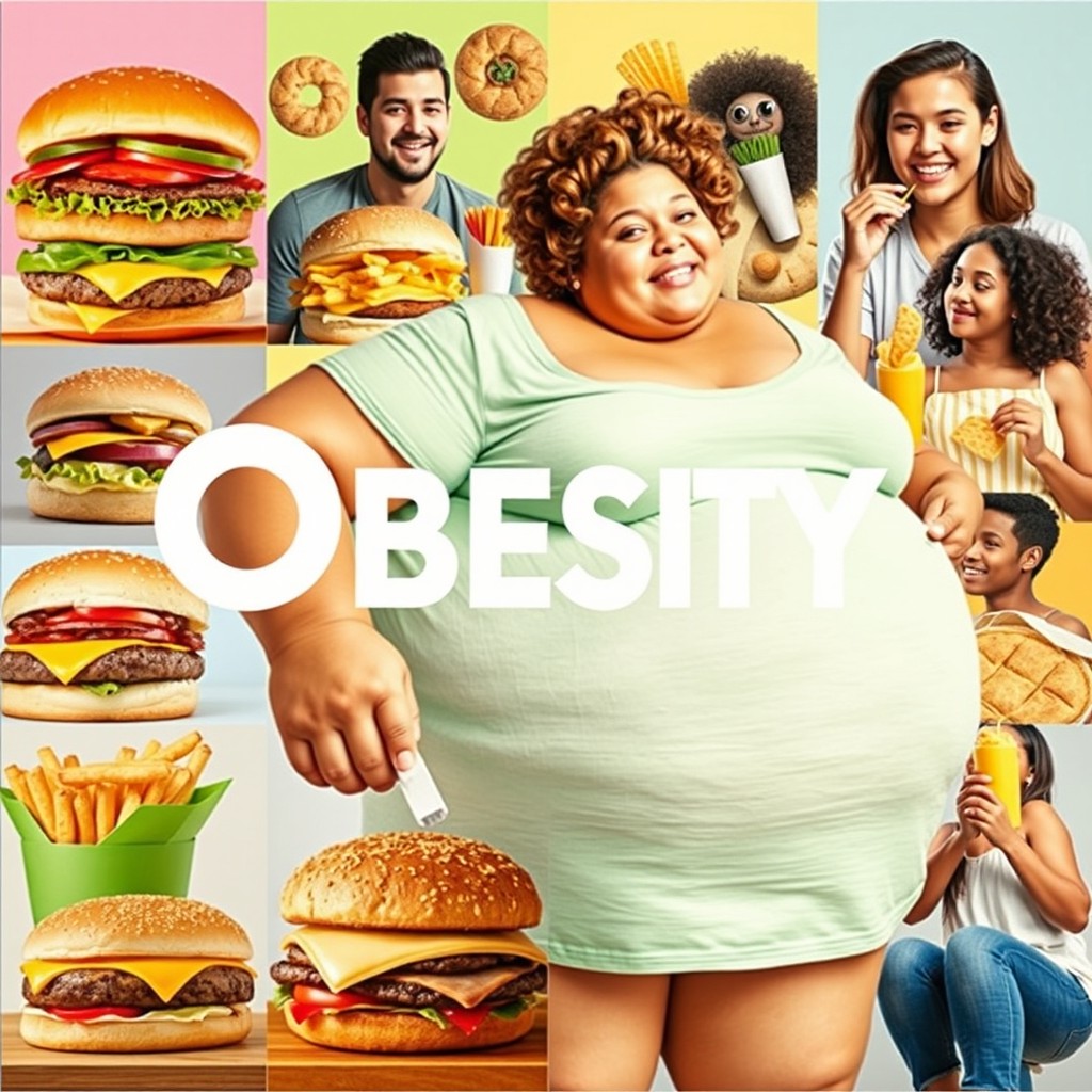 A conceptual representation of obesity, featuring a collage of various foods high in calories like burgers, fries, and pastries