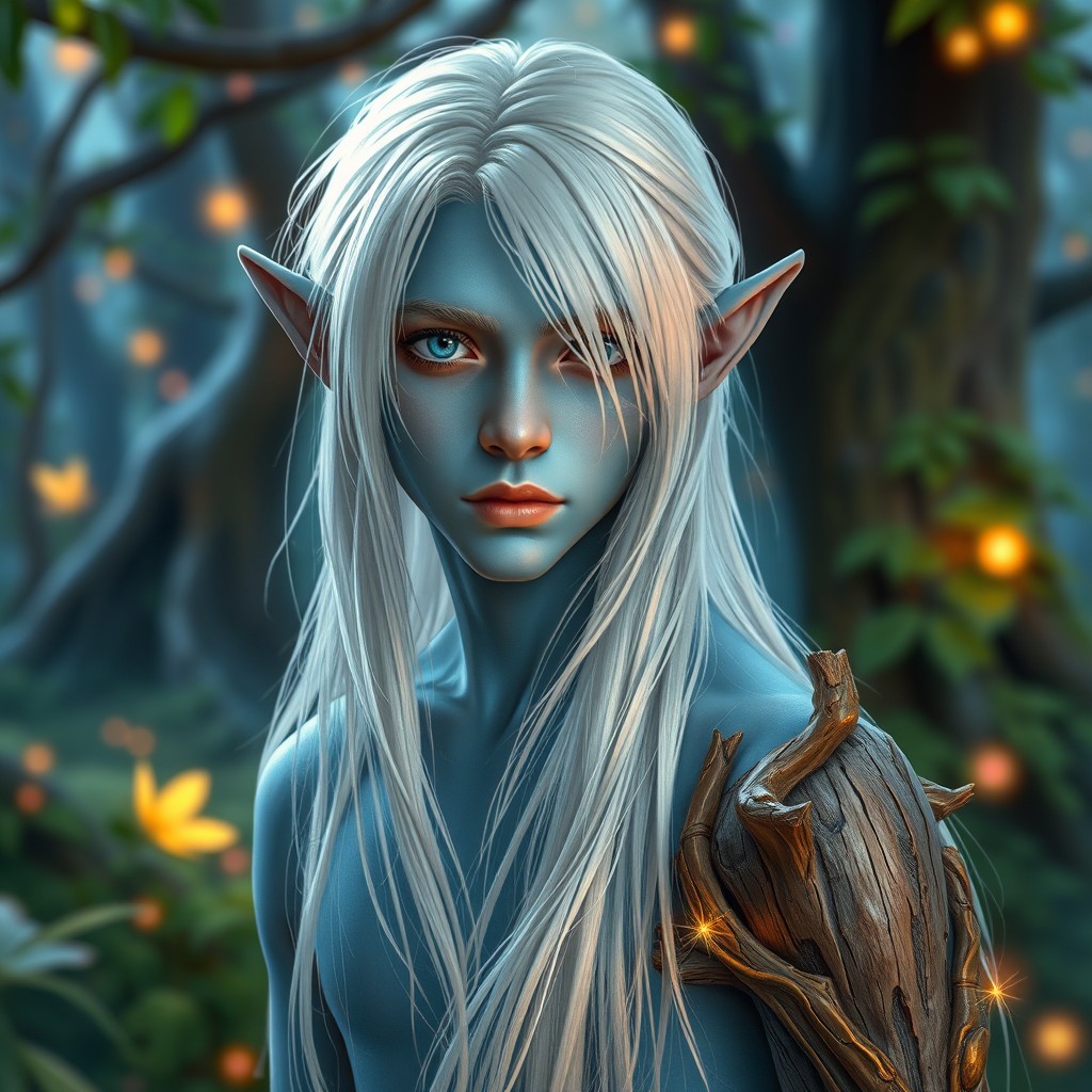 A young male elf with blue skin, having long, straight white hair