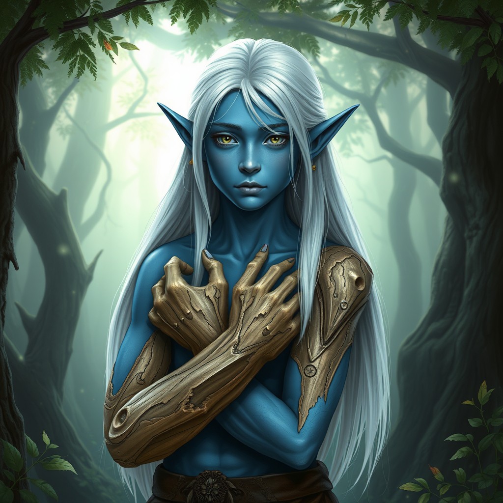 A young male elf with blue skin, lacking facial expressions