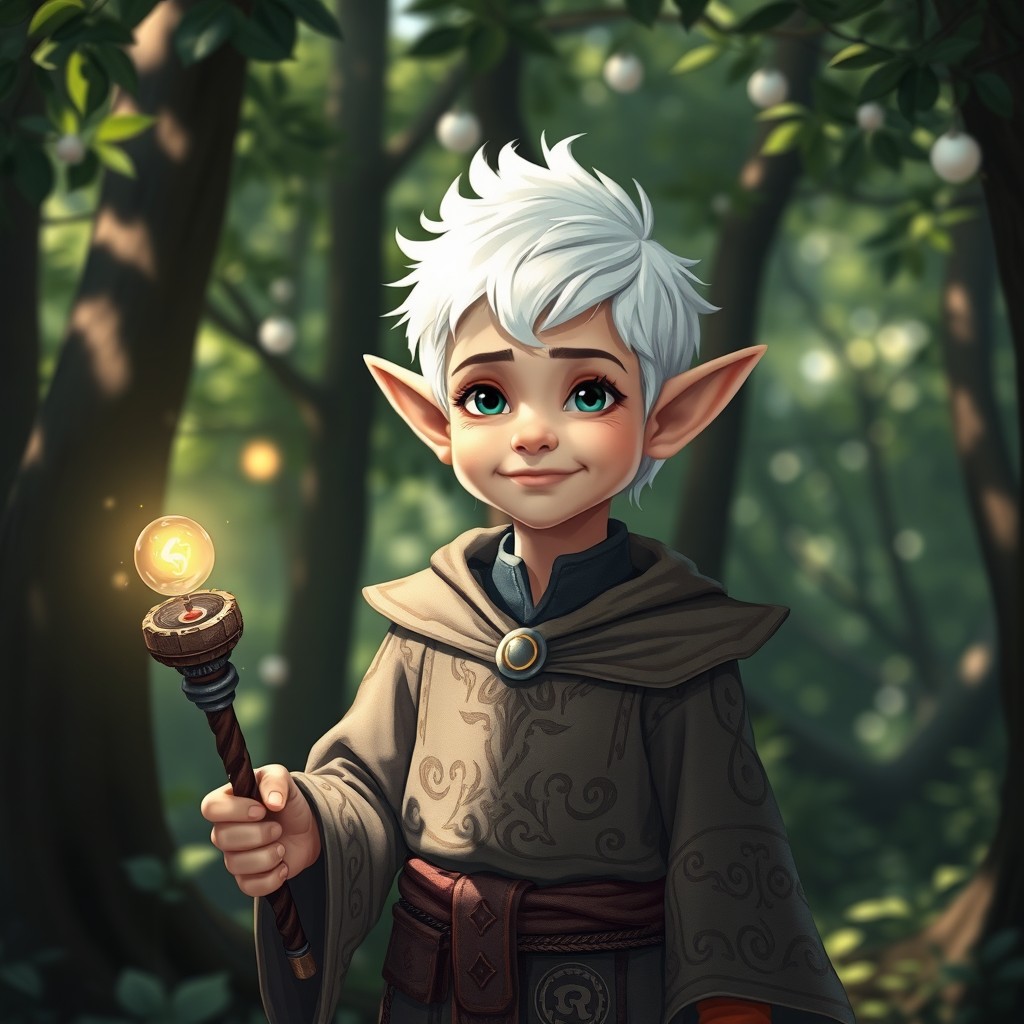 A mischievous young boy elf cleric with striking white hair and a playful face, featuring pointed ears and bright, expressive eyes