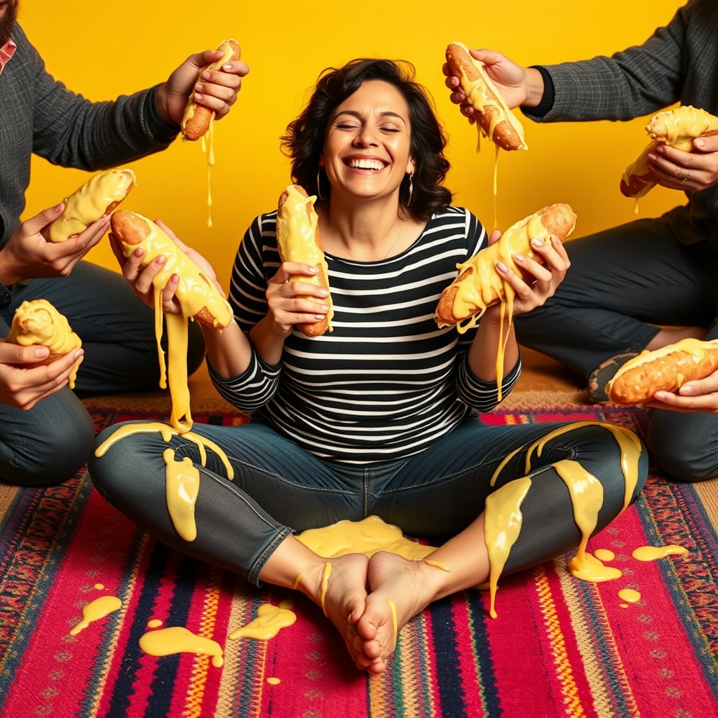 A woman resembling the mom from the show 'Everybody Hates Chris' sitting criss cross on a colorful rug, with her eyes closed and a big smile on her face, exuding confidence and joy