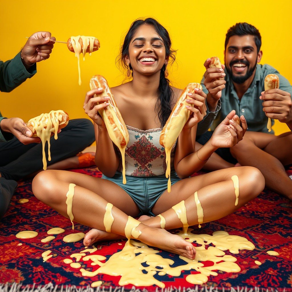 A hot Sri Lankan girl resembling Mymunah from TikTok sitting criss cross on a colorful, inviting rug, with a full face of makeup, her eyes closed and a big smile on her face, exuding joy and confidence